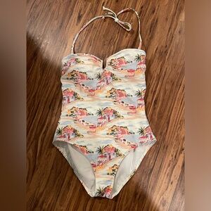 Boden White One-Piece Swimsuit with Pink & Blue Coastal Print